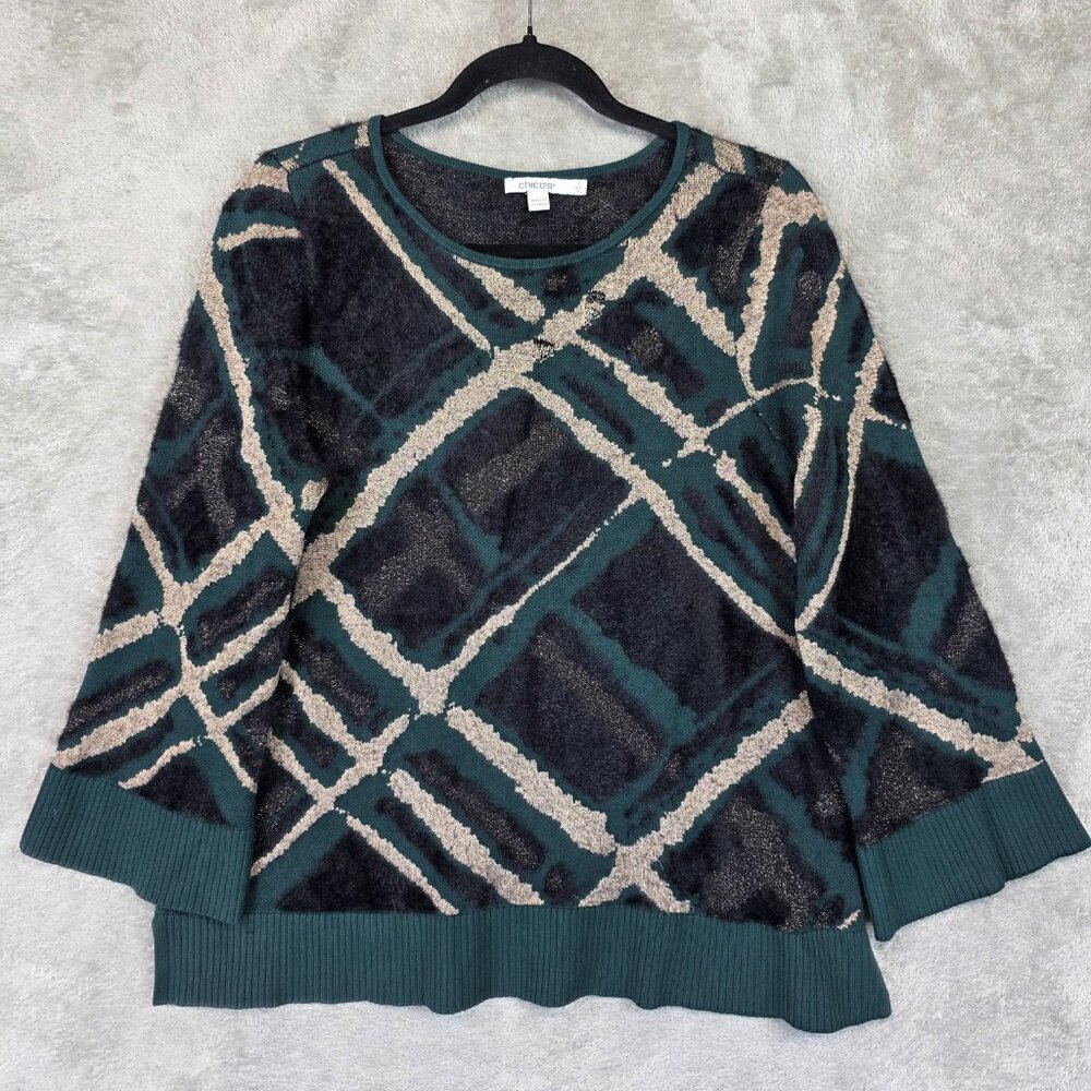 Chico's Sweater Womens Medium Multicolor Geometric Knit Crew Neck Pullover